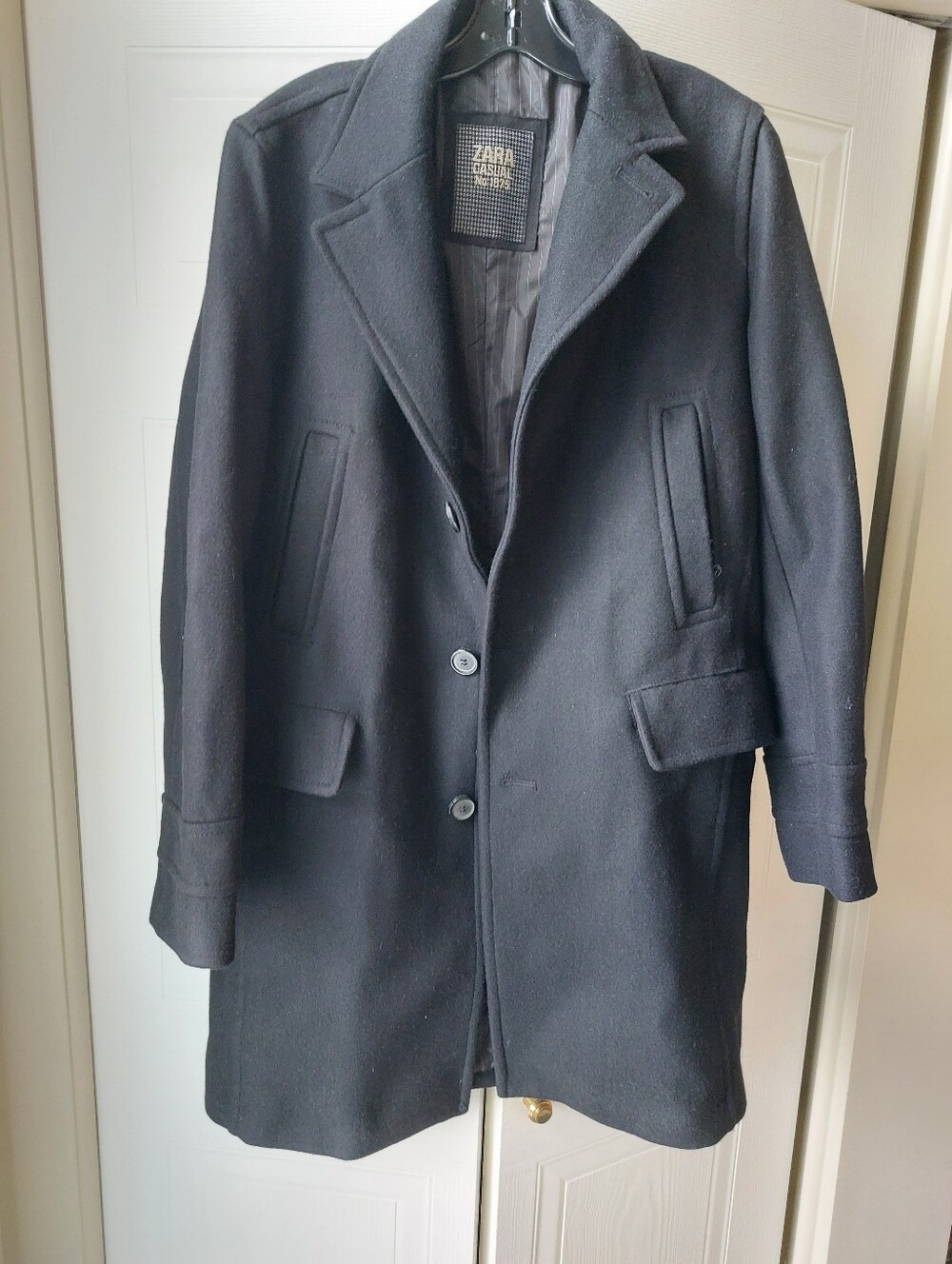 Zara Black Wool-Blend Peacoat with Notch Lapel